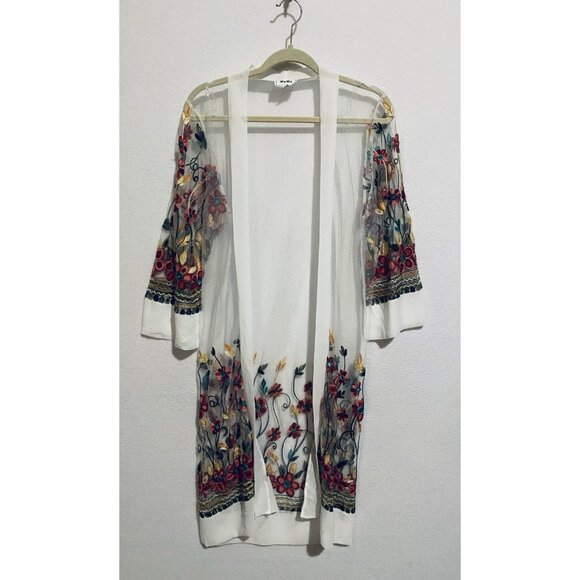 WoWo Top Womens Medium Embroidered Tulle Coverup Open Front Cardigan Boho Flirty - Picture 1 of 7